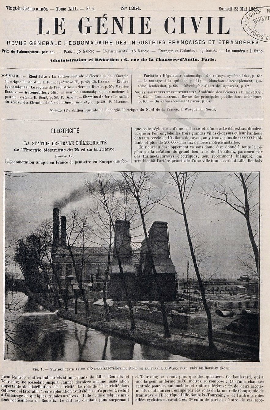 Gravure Ancienne 1908 - Centrale électrique De Wasquehal (Nord) - 35x25 Cm